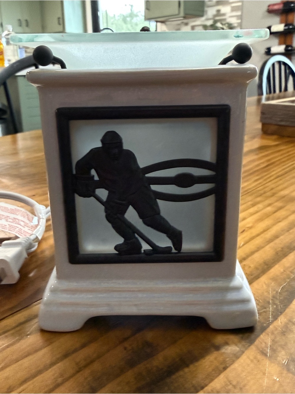 Scentsy White Ceramic Wax Warmer with Black Hockey Player Accent